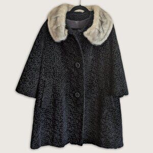 Vintage Luxury: Midnight Karakul Faux Fur Coat with Genuine Mink Collar
